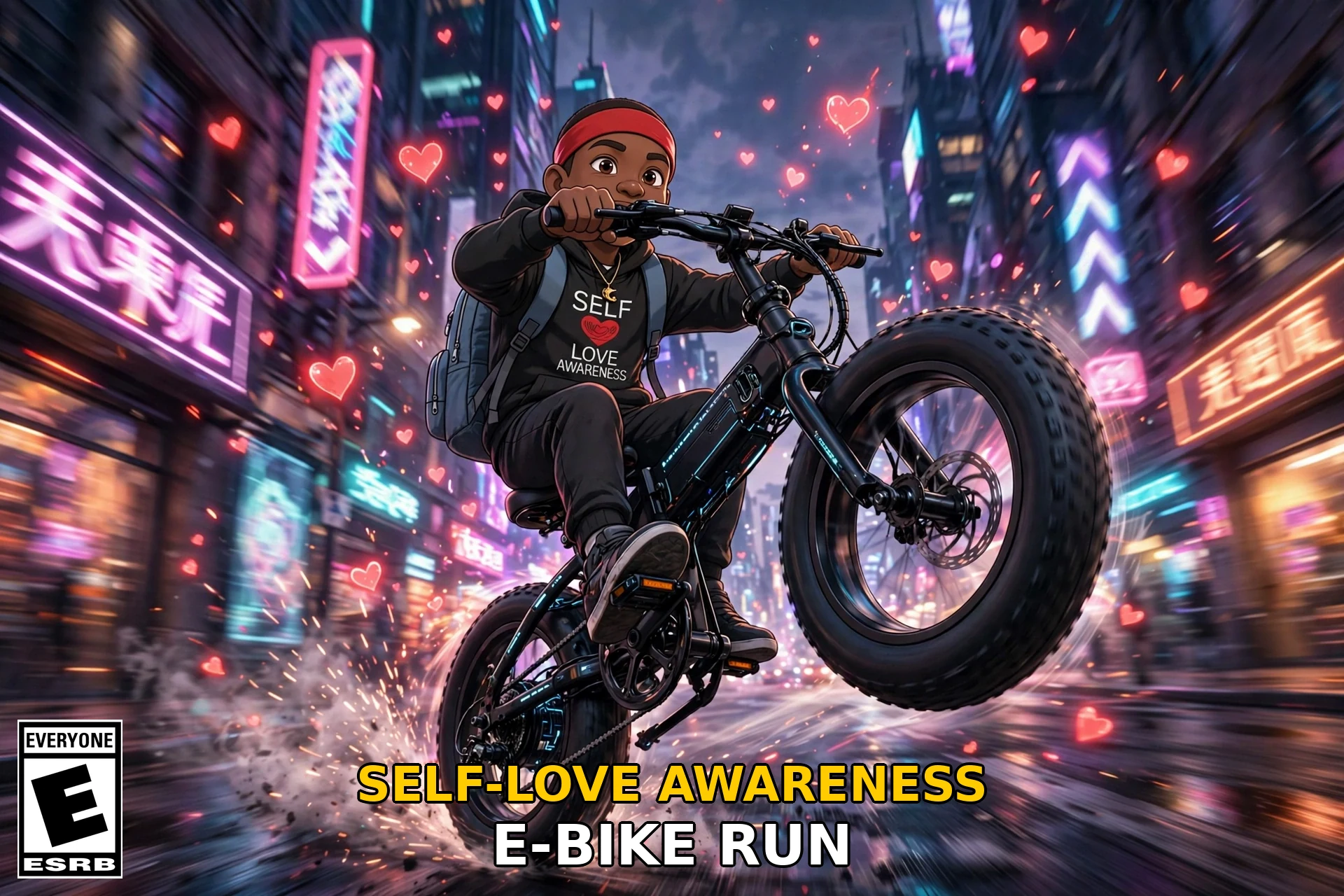 Self Love Awareness: E-Bike Run cover art — the game's title in bold yellow and white letters over a cartoon kid with a red headband and black SELF LOVE AWARENESS hoodie popping a wheelie on his black fat-tire e-bike through a neon-lit city street, glowing red hearts flying around him